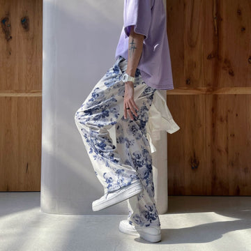 Spring Summer Flower Pants Men's Fashion Printed Casual Pants Men Streetwear Loose Hip-hop Straight Wide-leg Pants Mens Trousers aidase-shop